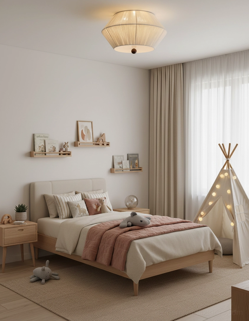 Modern fabric flush mount ceiling light creating soft ambient illumination in minimalist living space
