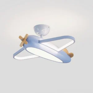 Soft blue airplane ceiling lamp with wooden propeller, playful modern design, studio product photography