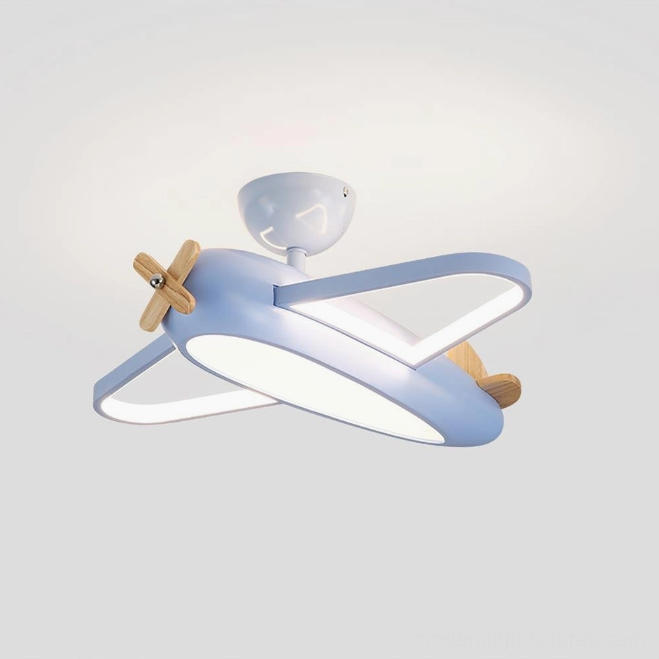 Soft blue airplane ceiling lamp with wooden propeller, playful modern design, studio product photography