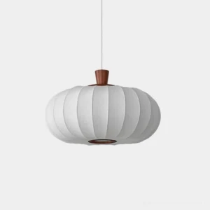 Softon white fabric pendant light with vertical ribbed texture and dark wood cap against white background - front flat view
