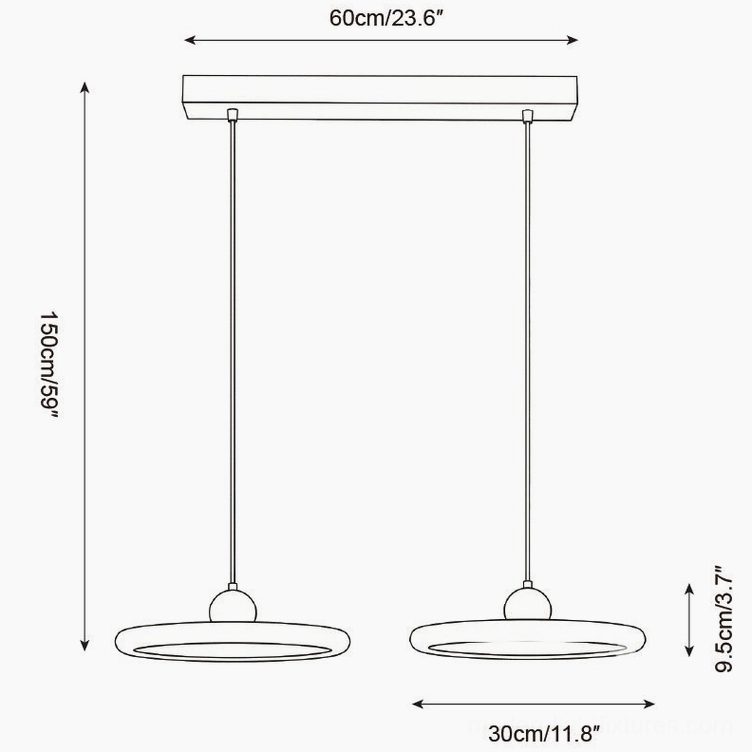 Technical schematic drawing of 2-head travertine pendant light set with 60cm linear mounting - 150cm total height