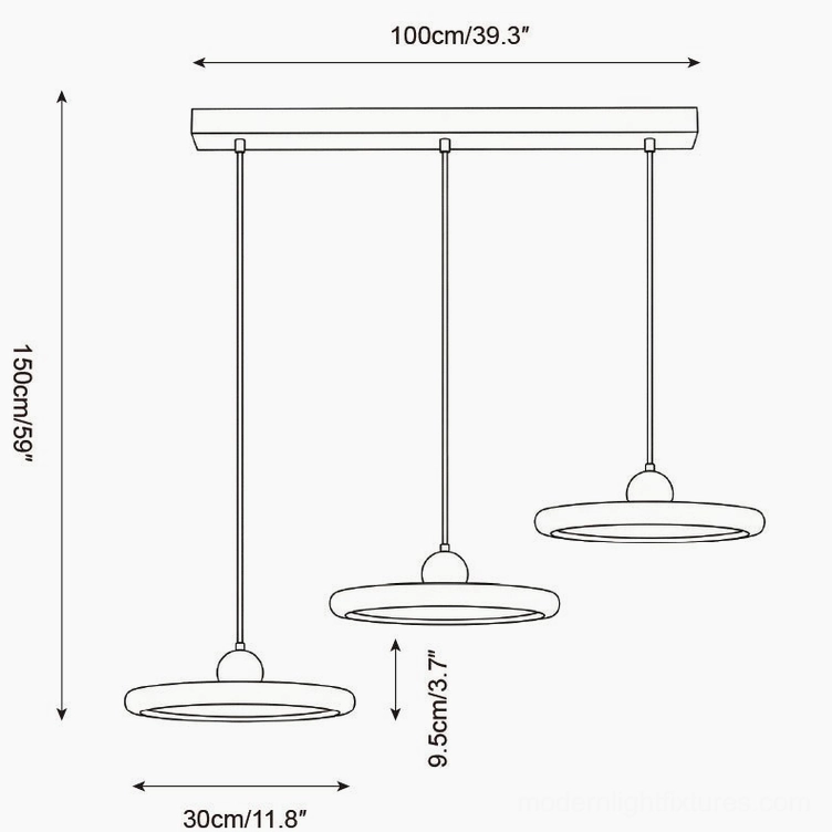 Technical schematic drawing of 3-head travertine pendant light set with 100cm linear mounting - 150cm height