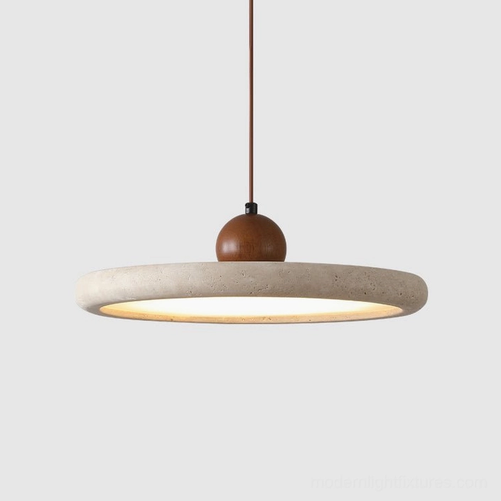 Adjustable cord suspension detail of travertine pendant light showing 150cm hanging length customization
