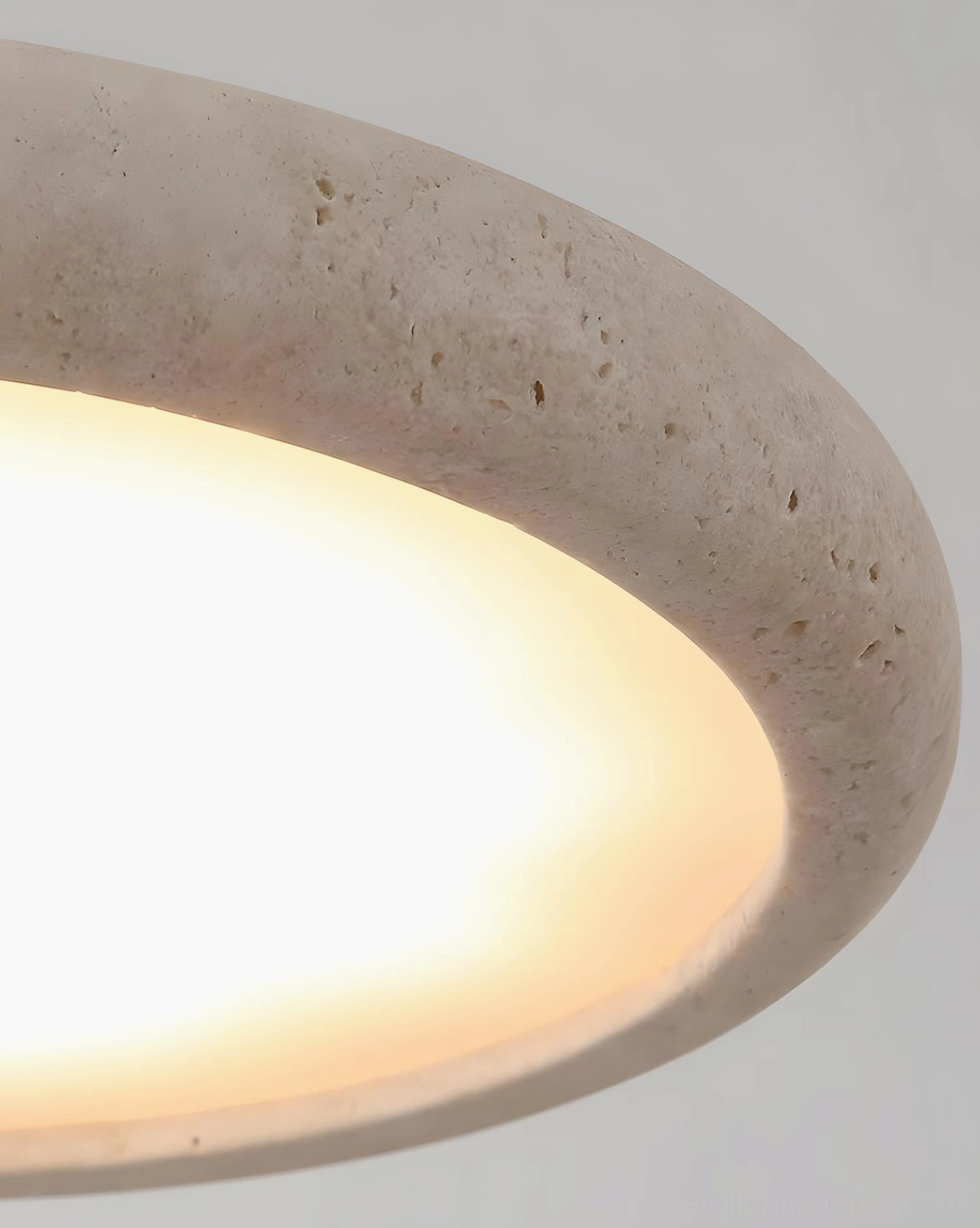 Walnut wood accent crown detail of solace travertine pendant light showing craftsmanship and material quality