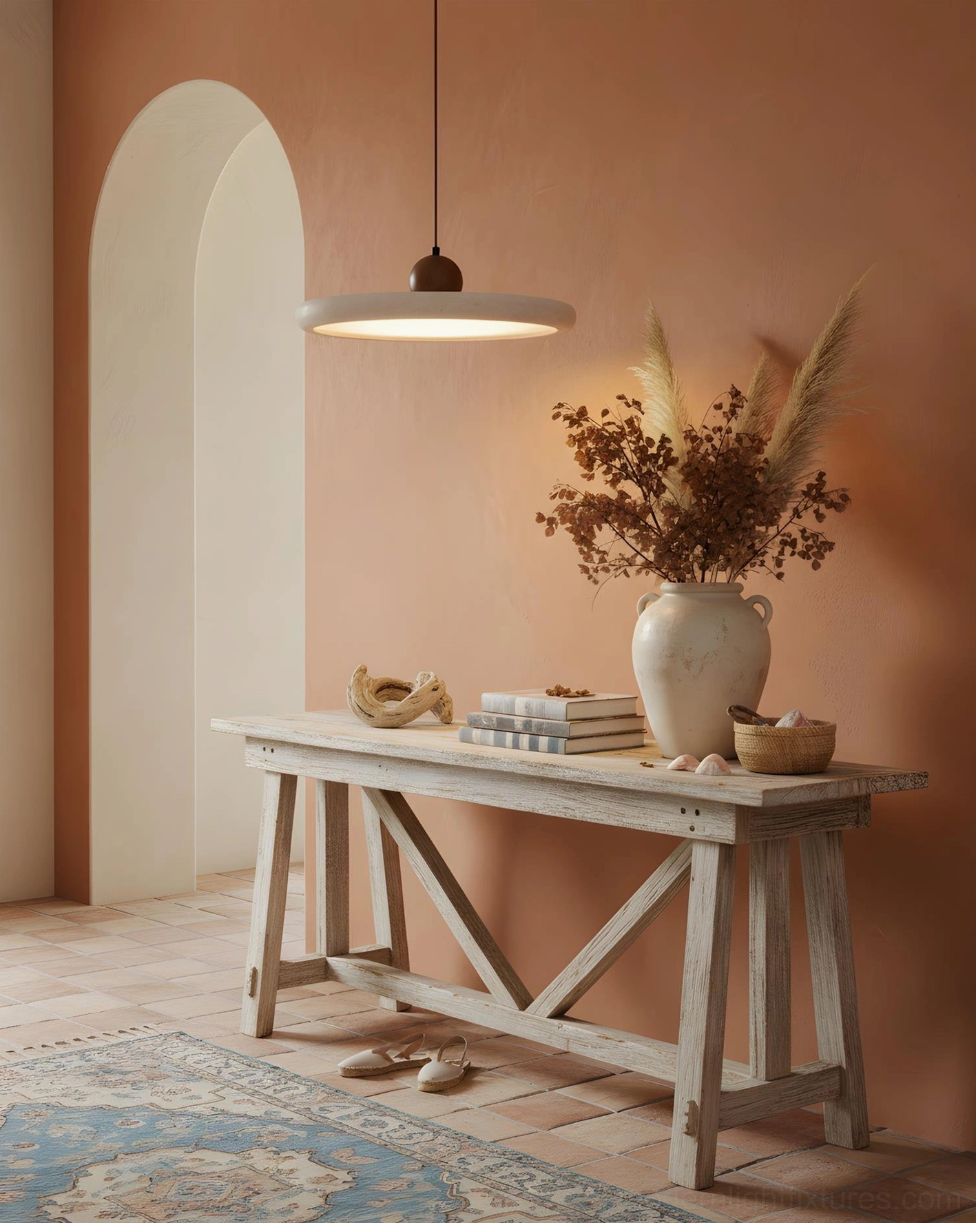 Solace travertine pendant light detail showing wood accent crown and integrated LED design architecture
