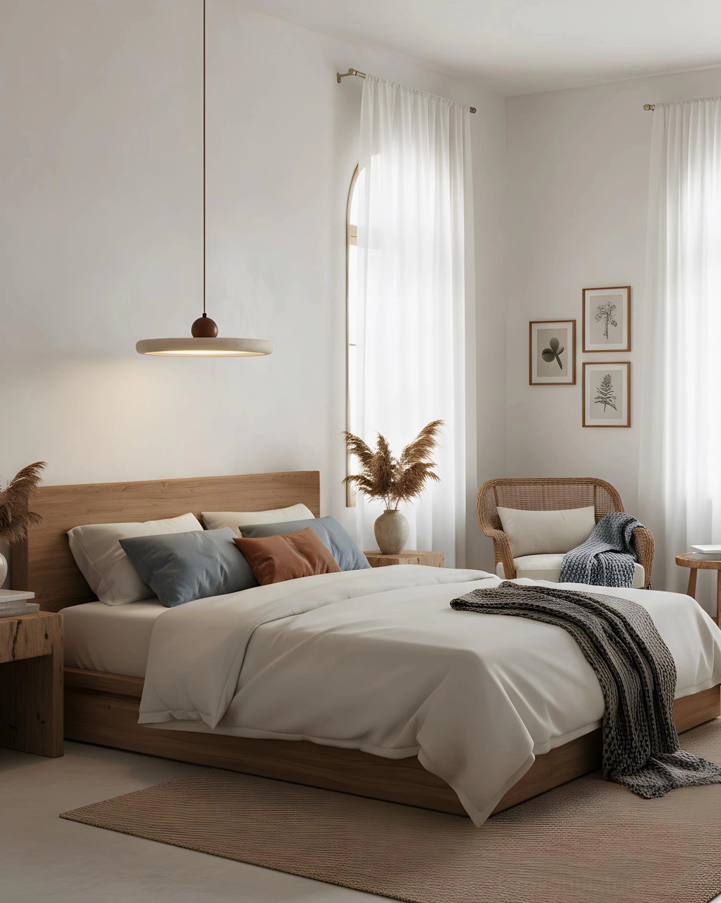Single solace travertine pendant lamp creating warm ambient light in minimalist wabi-sabi bedroom interior design
