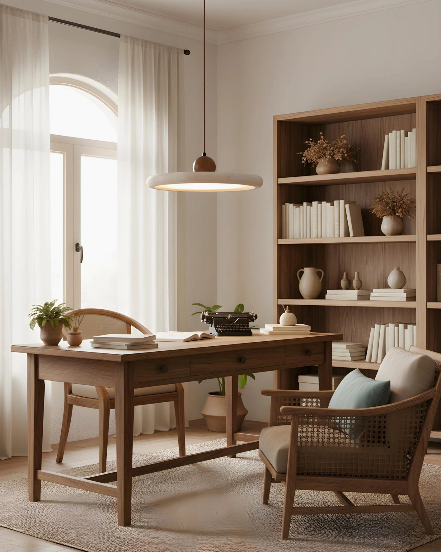 Solace travertine pendant light illuminating home office workspace - warm minimalist task lighting above wooden desk