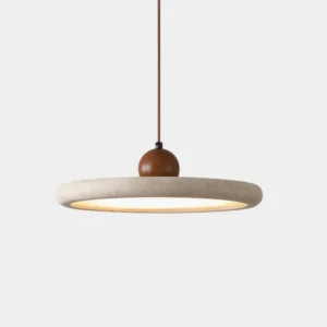 Solace travertine disc pendant light - modern minimalist stone ceiling lamp with walnut wood accent, studio product shot on white background