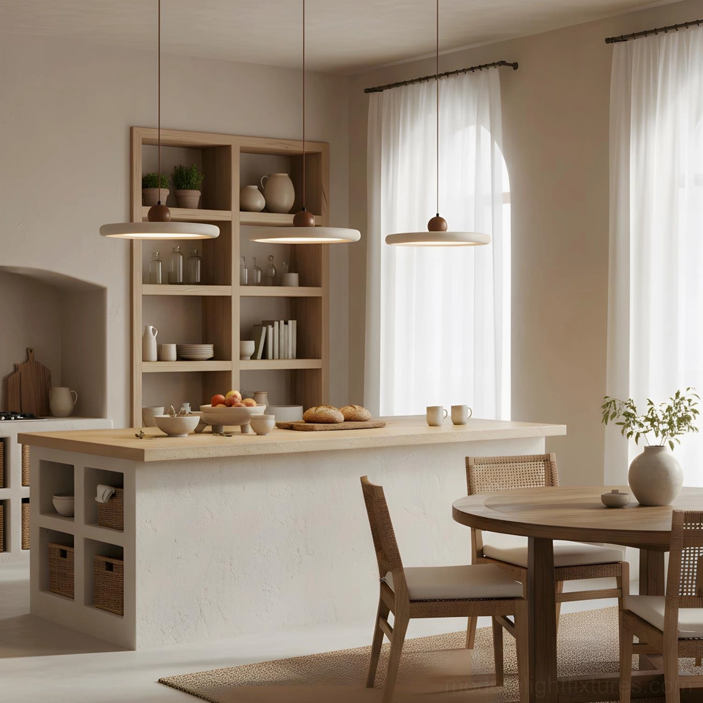 Multiple travertine pendant lights in various sizes displayed in minimalist modern interior styling showcase