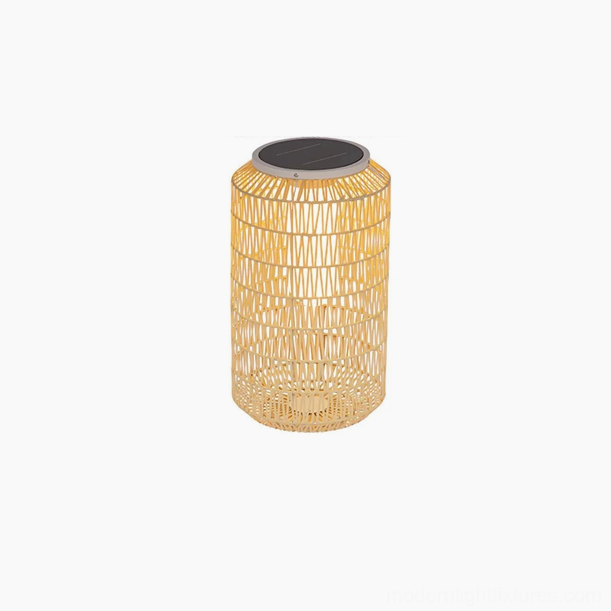 Solar rattan outdoor table lamp on garden display showing eco-conscious sustainable lighting