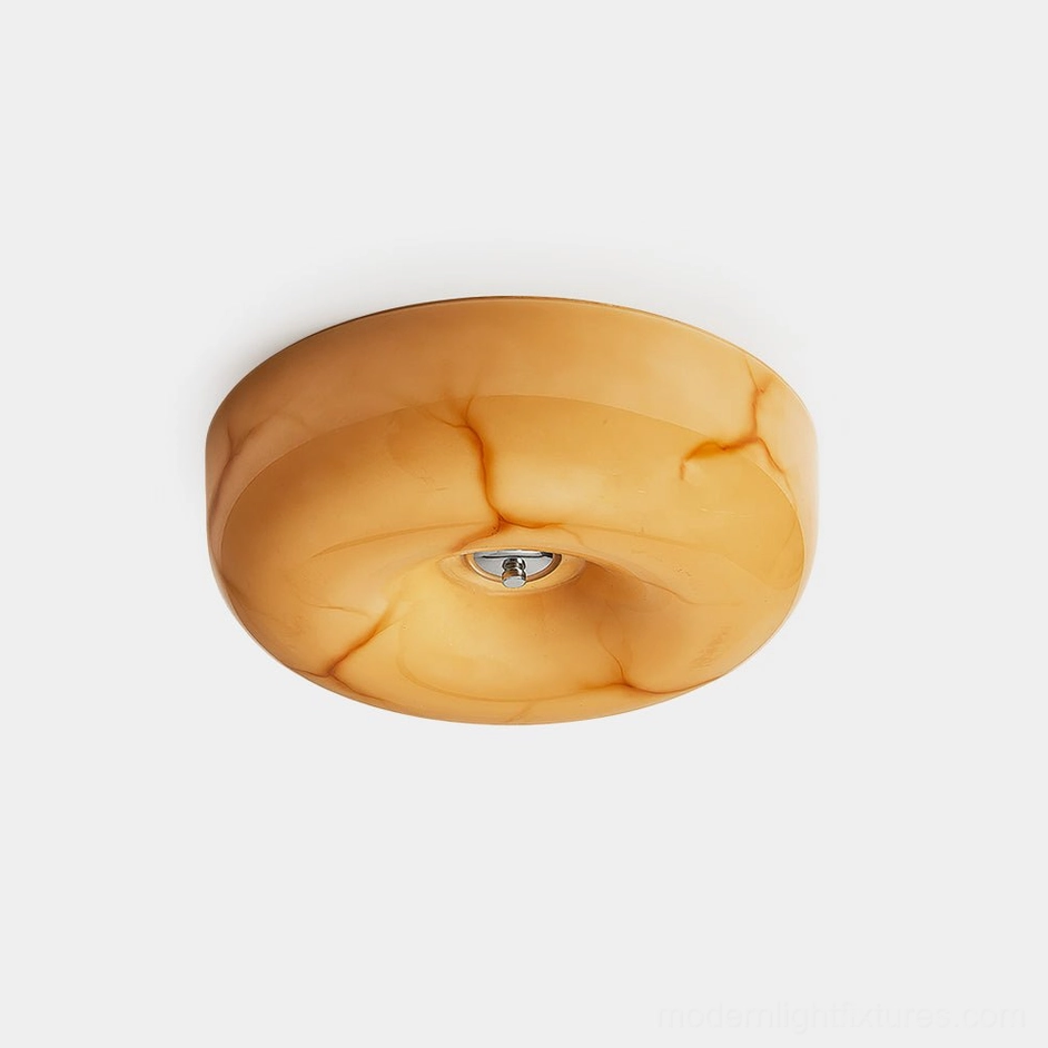 Solara amber marbled flush mount ceiling light with chrome base, overhead studio view