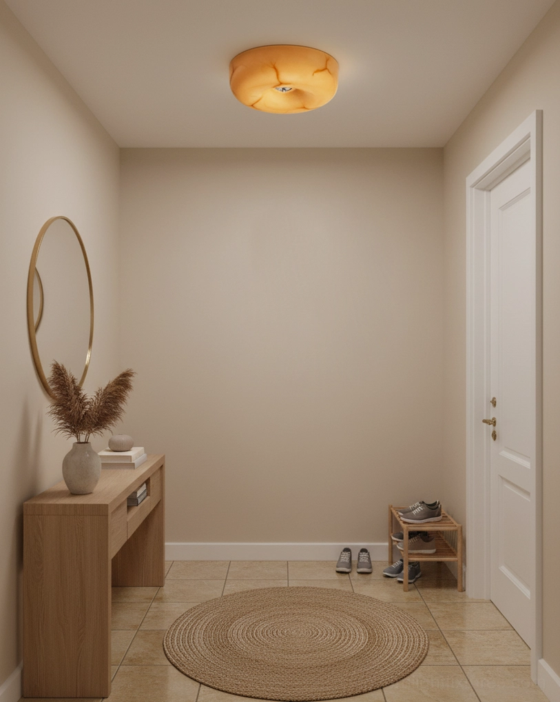Modern ceiling light fixture installed in rustic laundry entryway with warm wood tones