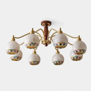 Solara Globe Chandelier 8-head brass and walnut wood pendant light with opalescent mosaic glass shades front view