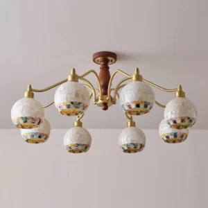 Solara Globe Chandelier decorative shell mosaic inlaid glass shades with brass frame detail