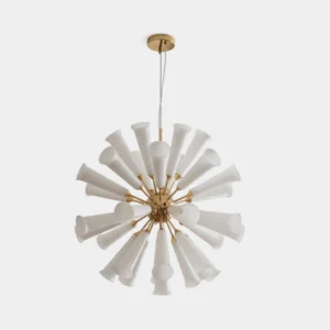 Solaria Bloom Sputnik Chandelier front view - brass gold metal frame with white frosted glass shades in radial burst pattern