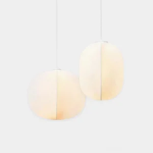 Solaria white wabi-sabi fabric pendant light front view studio display minimal design