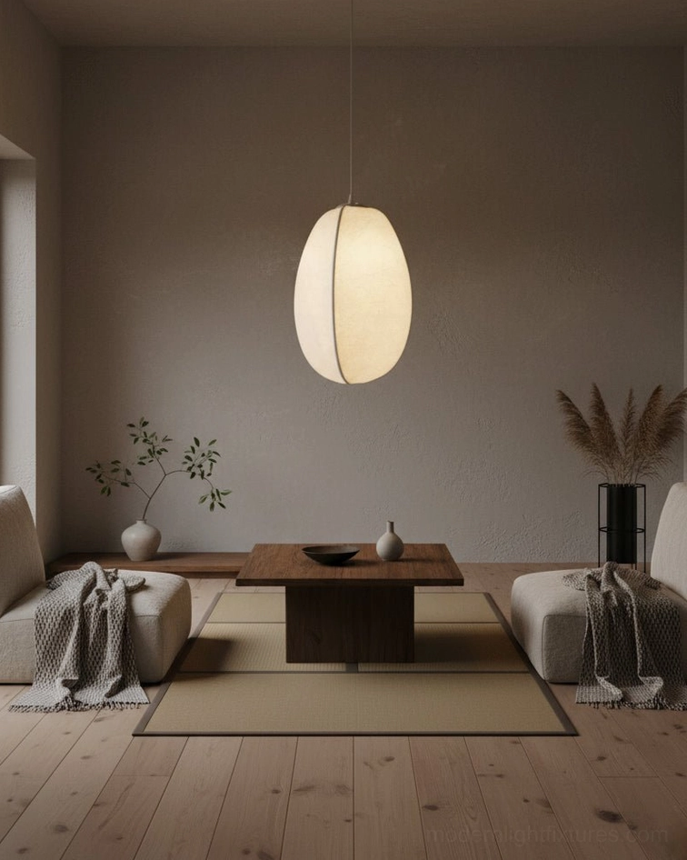 Solaria single oblong fabric pendant lamp Japanese style living room wide view