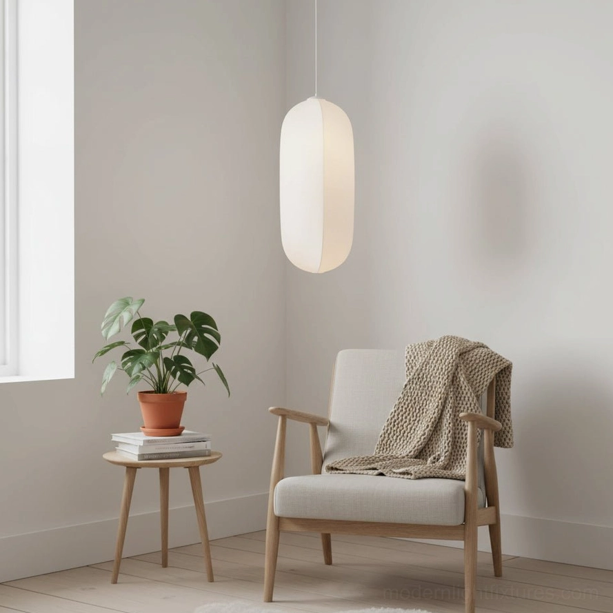 Solaria oblong fabric pendant light cozy reading nook corner warm ambiance