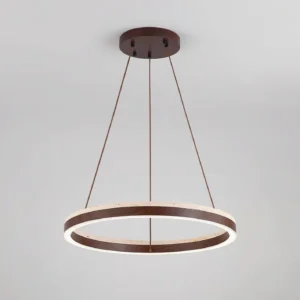 Modern Solaro ring pendant light with brown hanging cables and dark canopy mounted on ceiling