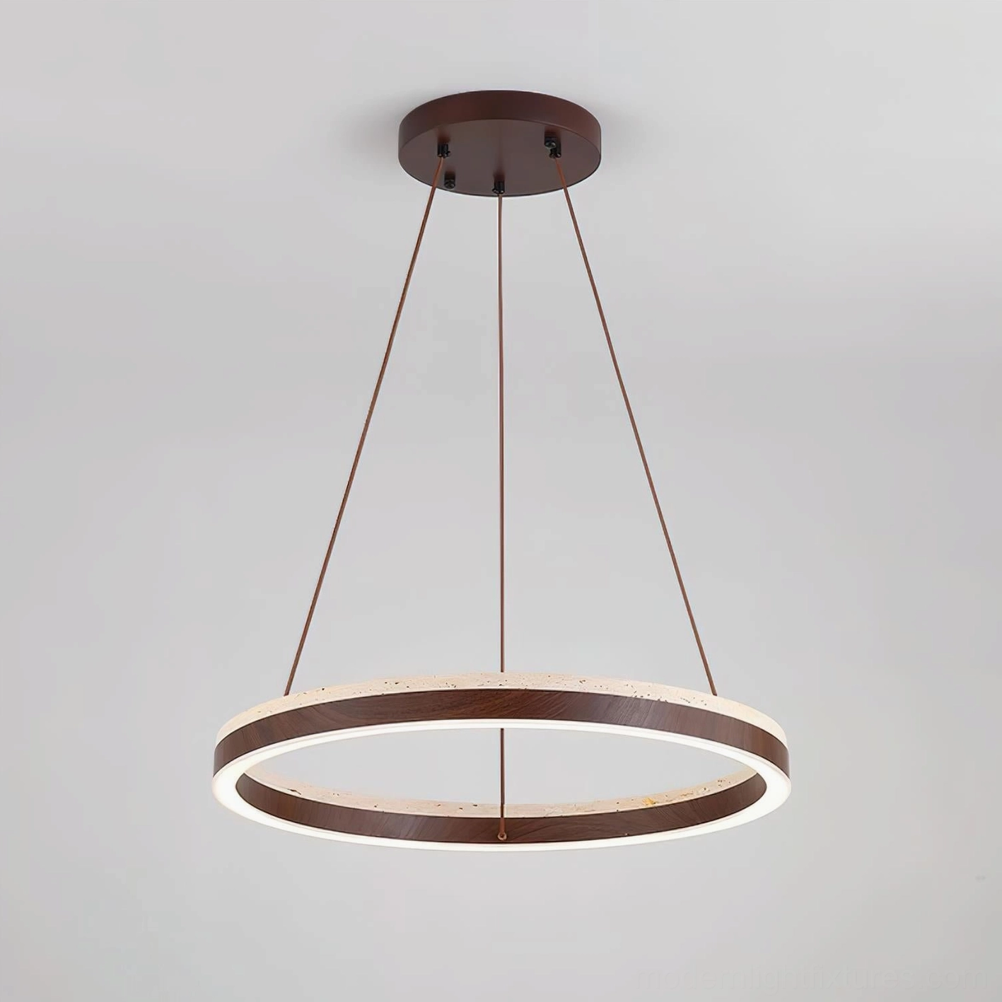 Modern Solaro ring pendant light with brown hanging cables and dark canopy mounted on ceiling