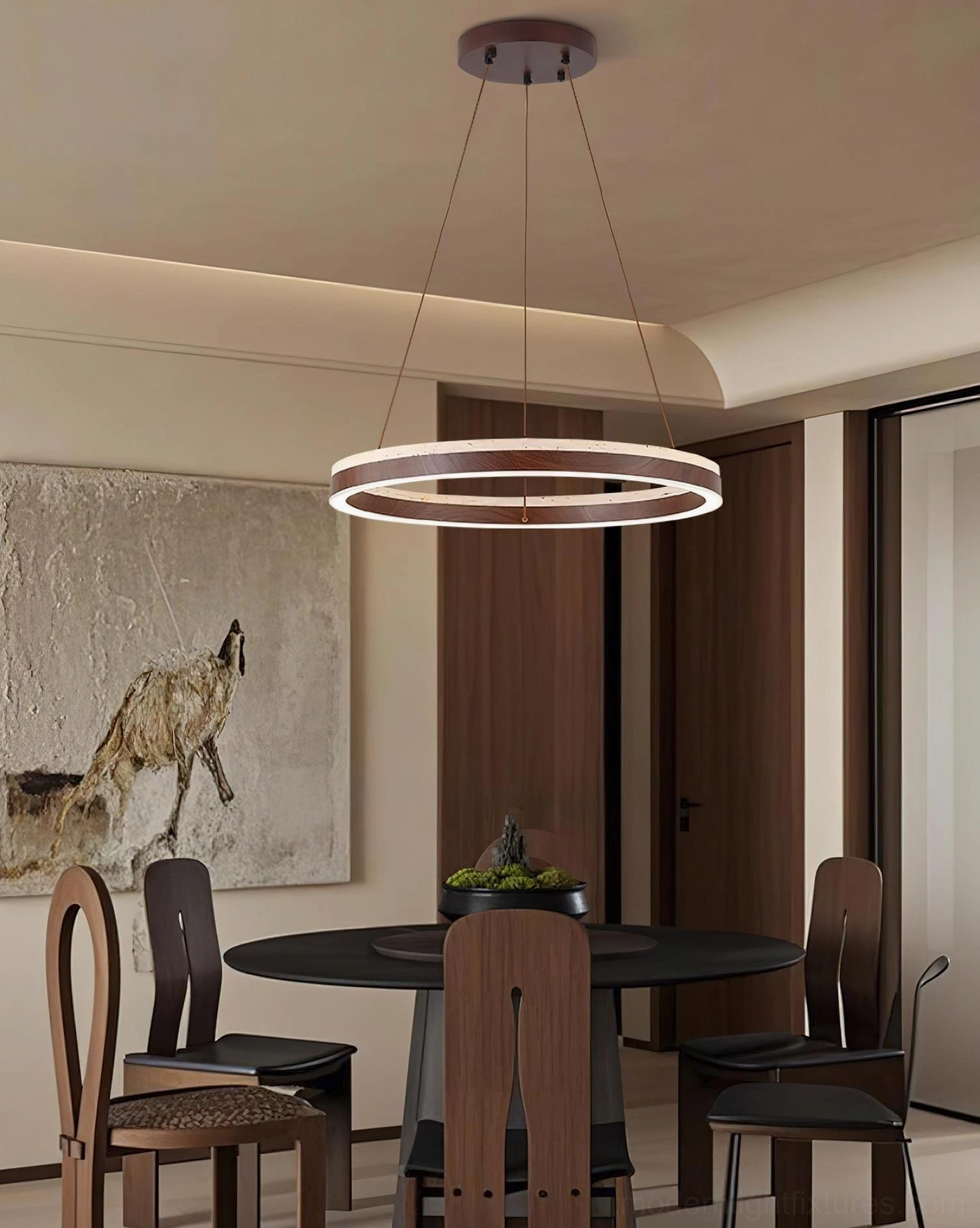 Solaro ring LED pendant light above dining table in contemporary rustic dining space