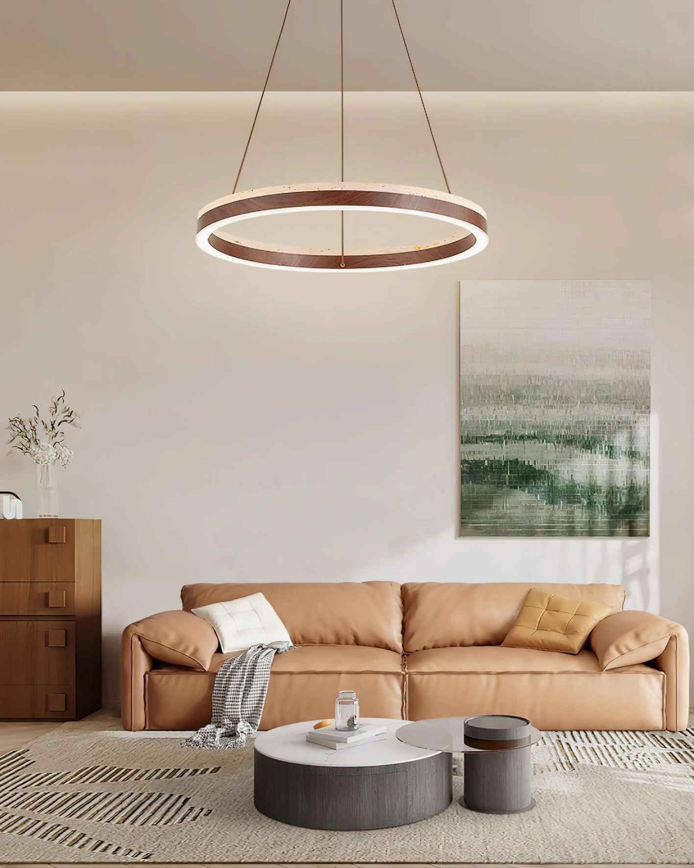 Solaro LED ring chandelier in contemporary warm living room with neutral home decor