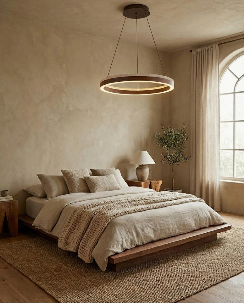 Solaro LED ring chandelier modern pendant light side profile view with wood accent