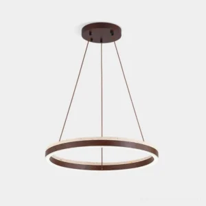 Solaro modern ring LED chandelier with travertine stone and walnut wood frame, studio front view
