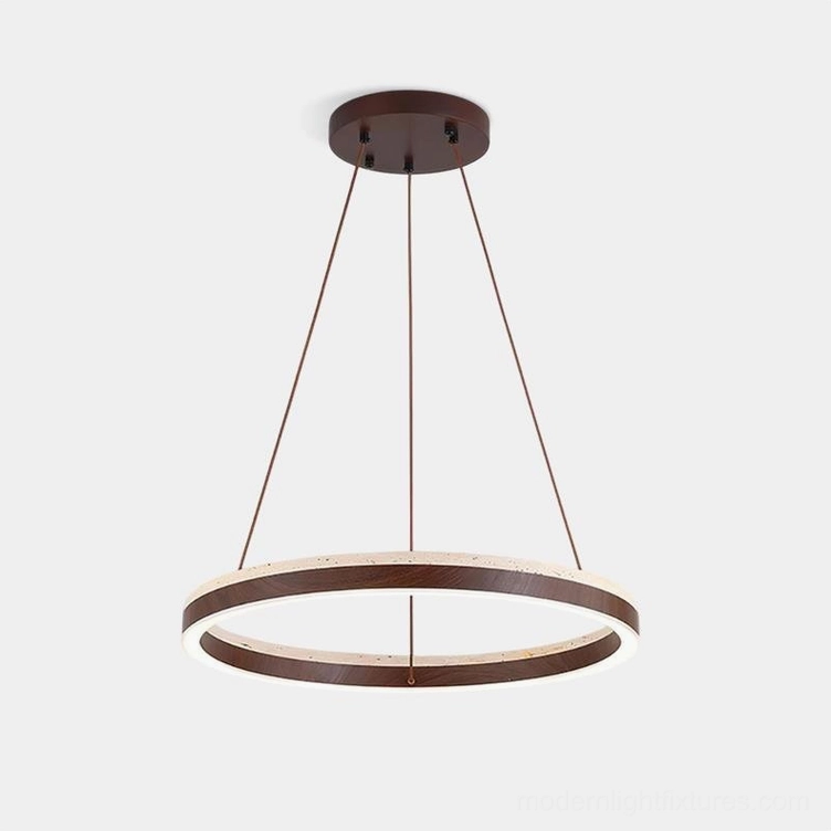 Solaro modern ring LED chandelier with travertine stone and walnut wood frame, studio front view