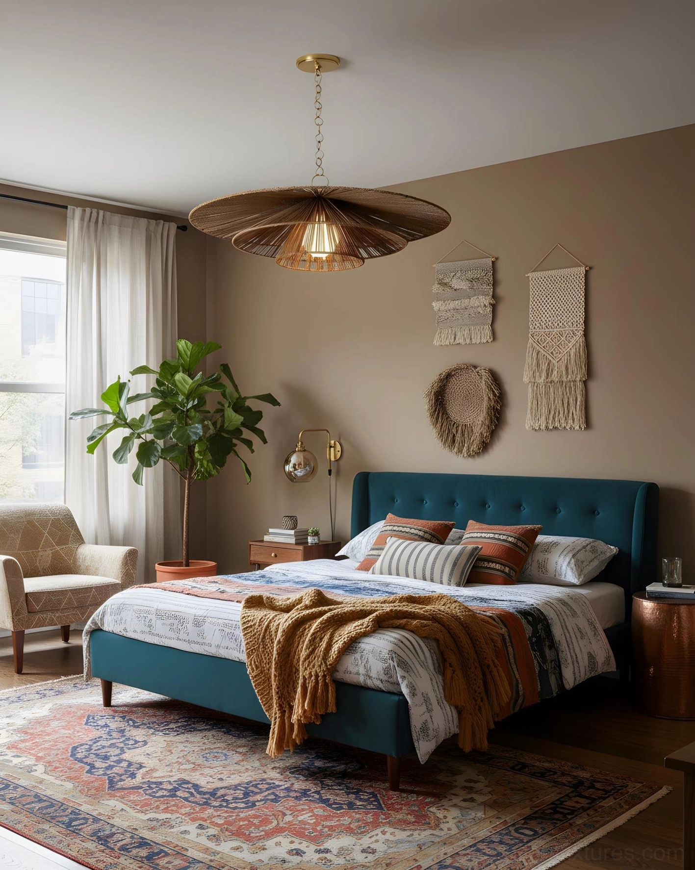 Boho-style master bedroom interior with Solayne tiered hemp rope pendant chandelier warm neutral decor