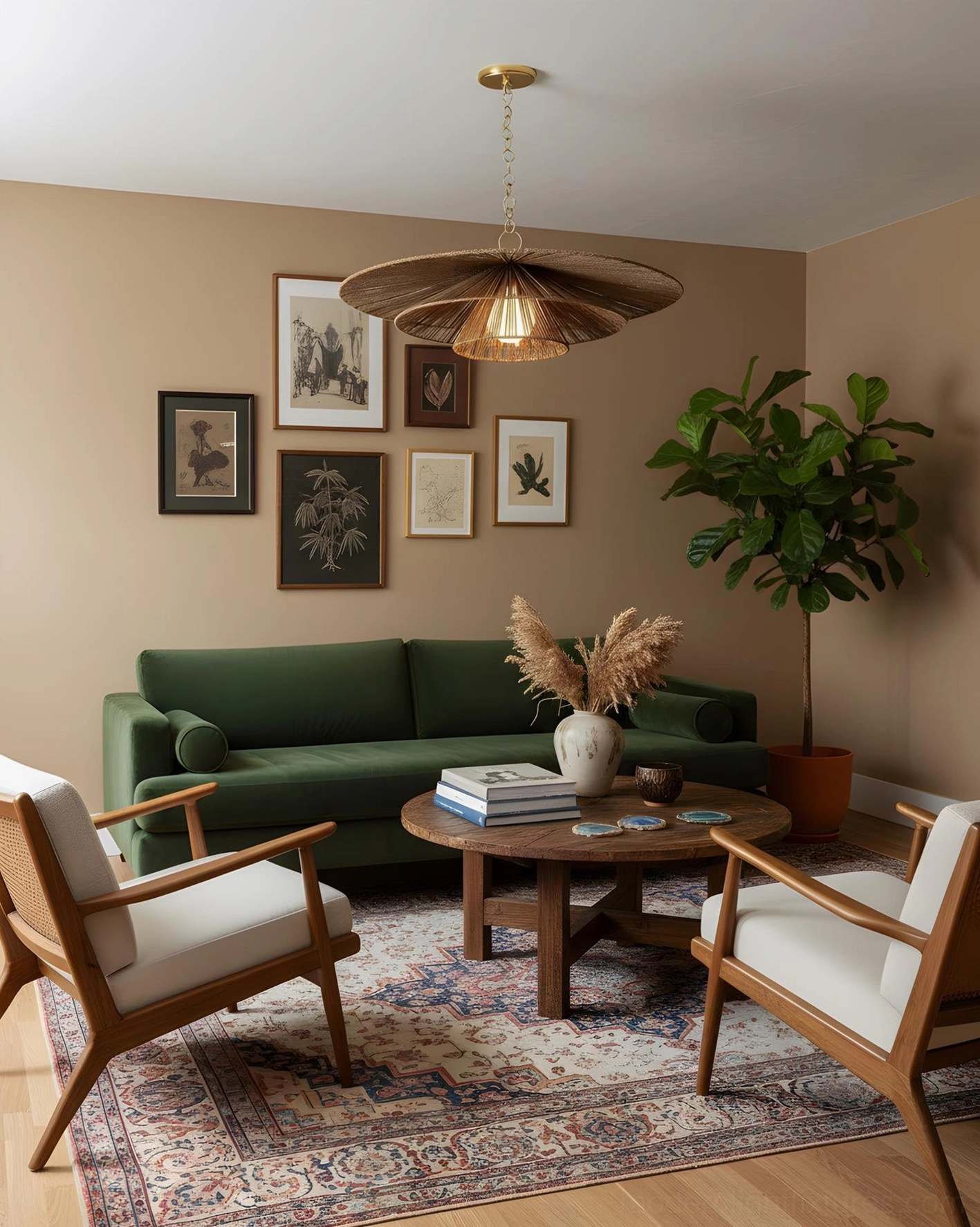 Mid-century modern living room with tiered woven hemp rope chandelier suspended above round coffee table