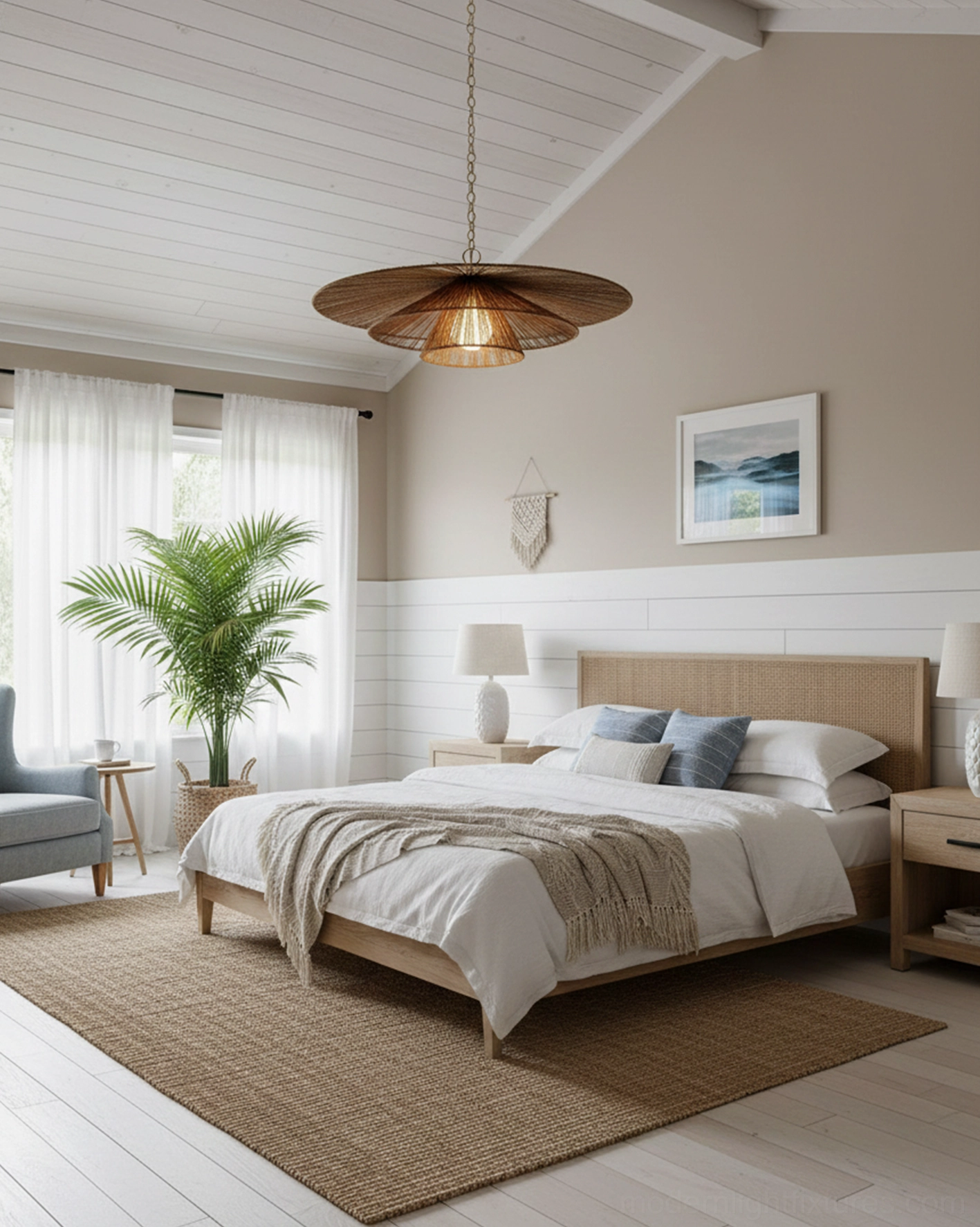 Boho woven disc pendant lamp installed in coastal bohemian master bedroom - warm ambient lighting accent