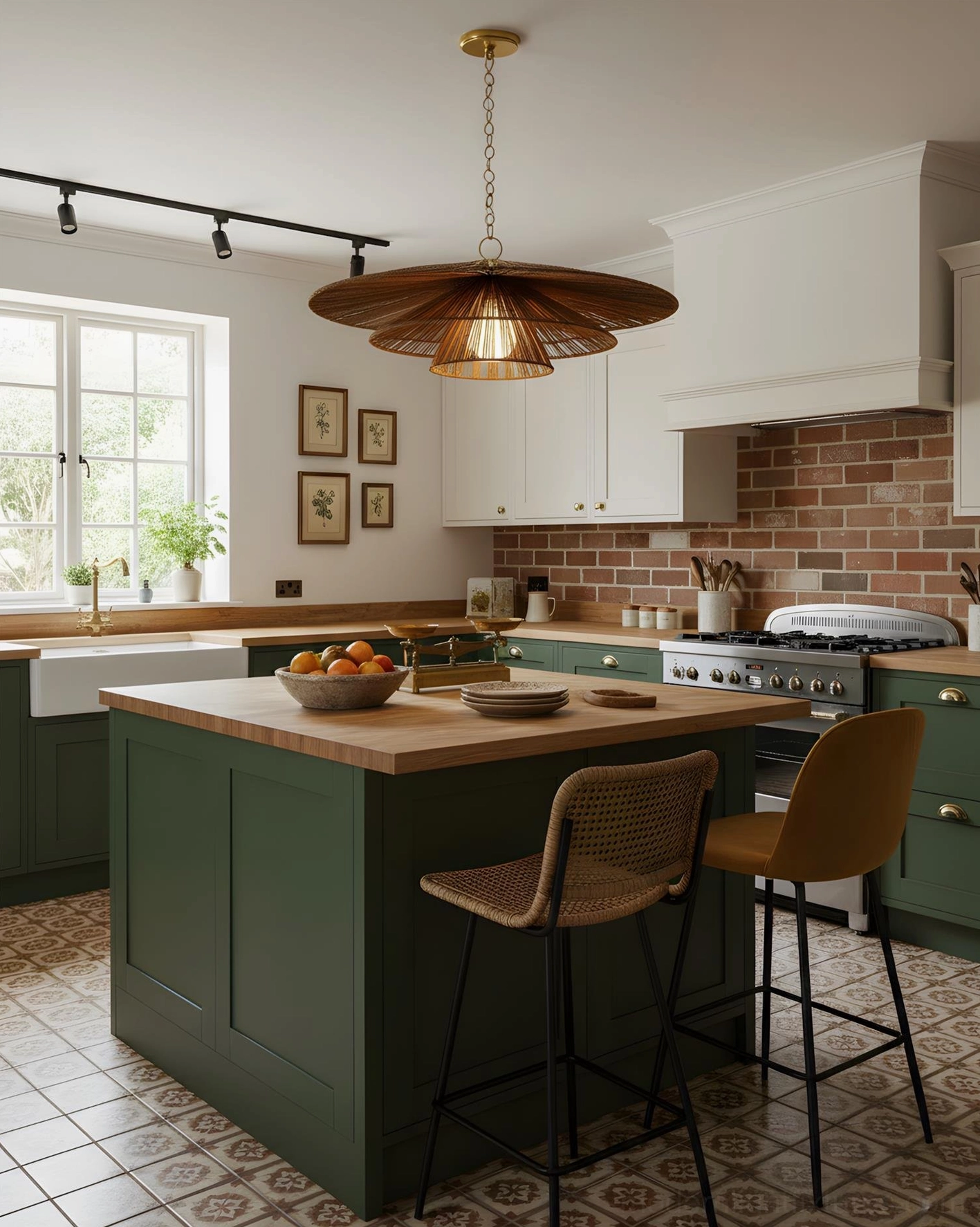 Farmhouse style kitchen island with Solayne woven tiered hemp chandelier providing warm ambient accent lighting