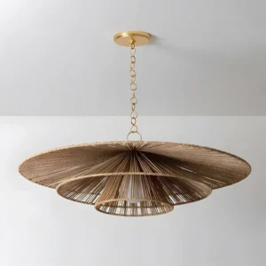 Solayne tiered hemp rope chandelier with brass gold canopy and adjustable hanging chain - front studio view