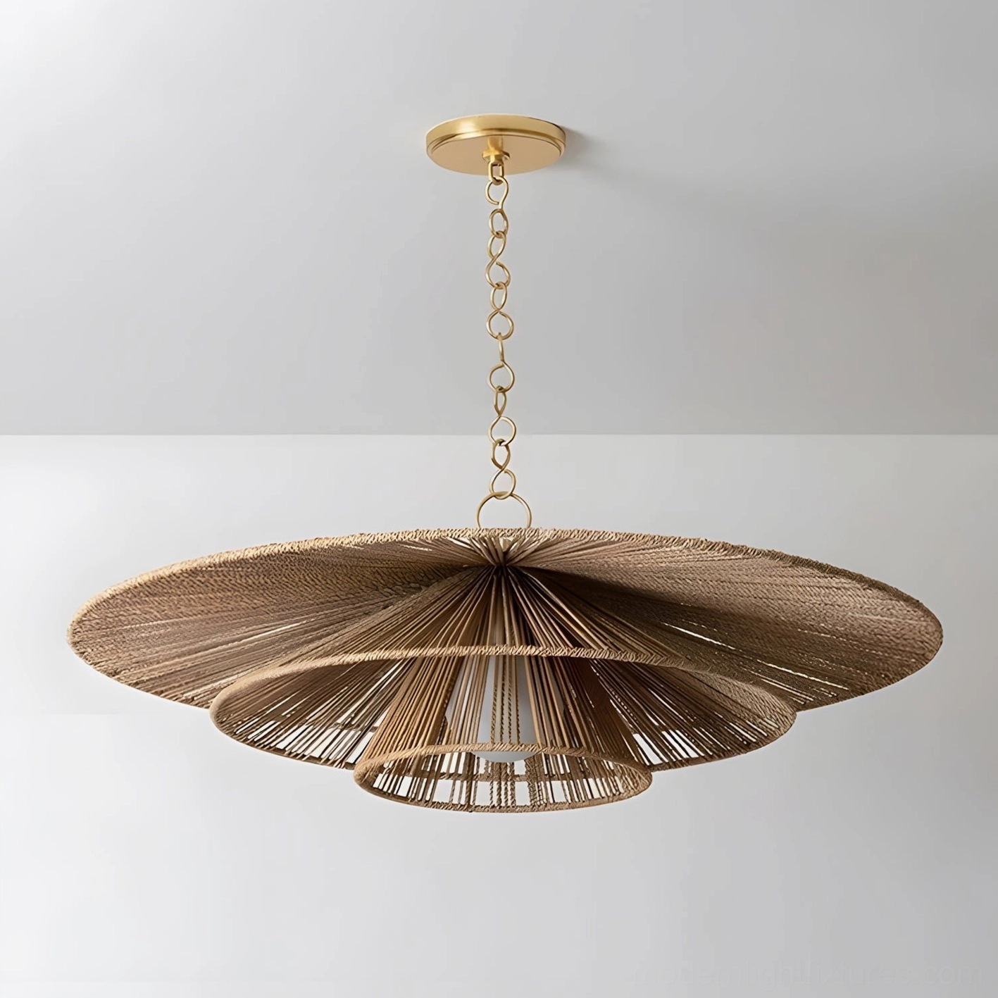 Solayne tiered hemp rope chandelier with brass gold canopy and adjustable hanging chain - front studio view