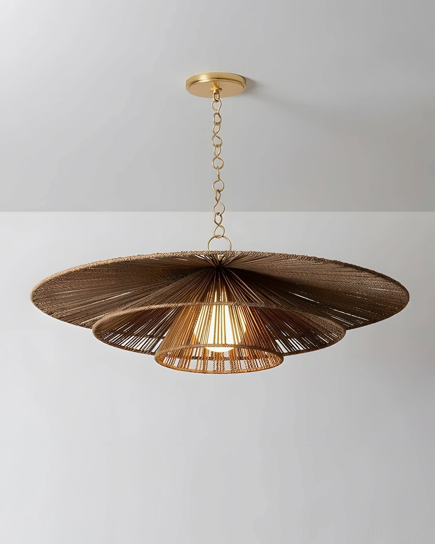 Solayne woven tiered hemp rope chandelier complete fixture installation view with ambient room lighting