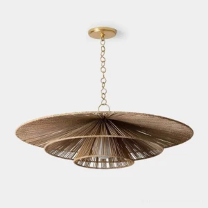 Solayne woven tiered pendant chandelier with gold chain - close-up overhead view showing hemp rope detail and two-tier structure