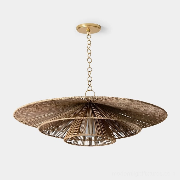 Solayne woven tiered pendant chandelier with gold chain - close-up overhead view showing hemp rope detail and two-tier structure