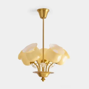 Solenne Petal Glass Chandelier front view with five frosted beige floral shades and brass frame in white studio setting