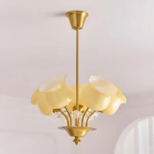 Solenne Petal Chandelier close-up overhead view showing detailed frosted glass flower shades and warm brass metal frame