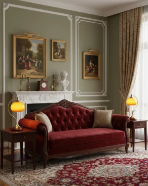 Pair of Solenne vintage table lamps in formal traditional living room with red tufted sofa, carved fireplace, and patterned area rug
