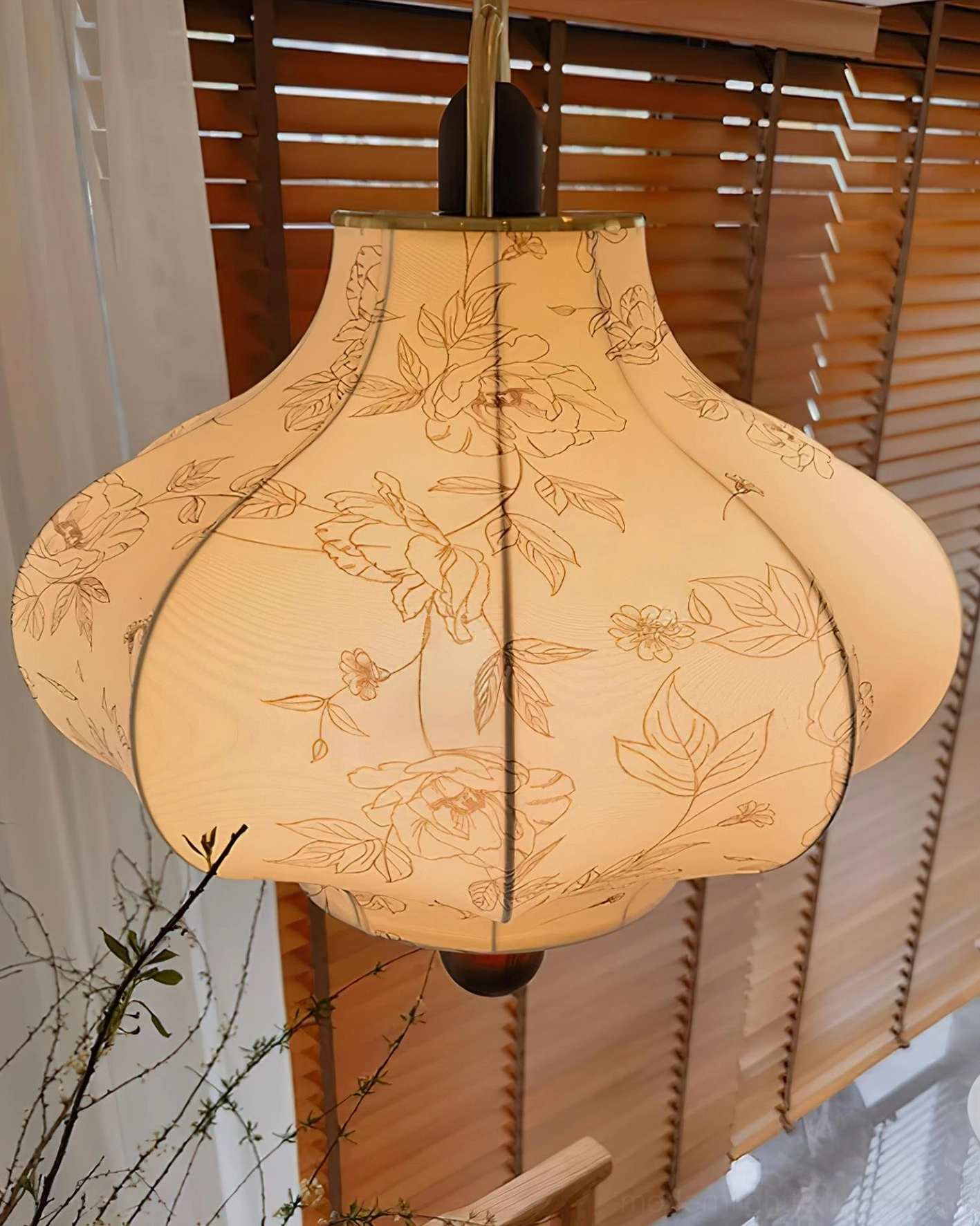 Close up Soli pendant lamp botanical line art fabric pattern beige shade