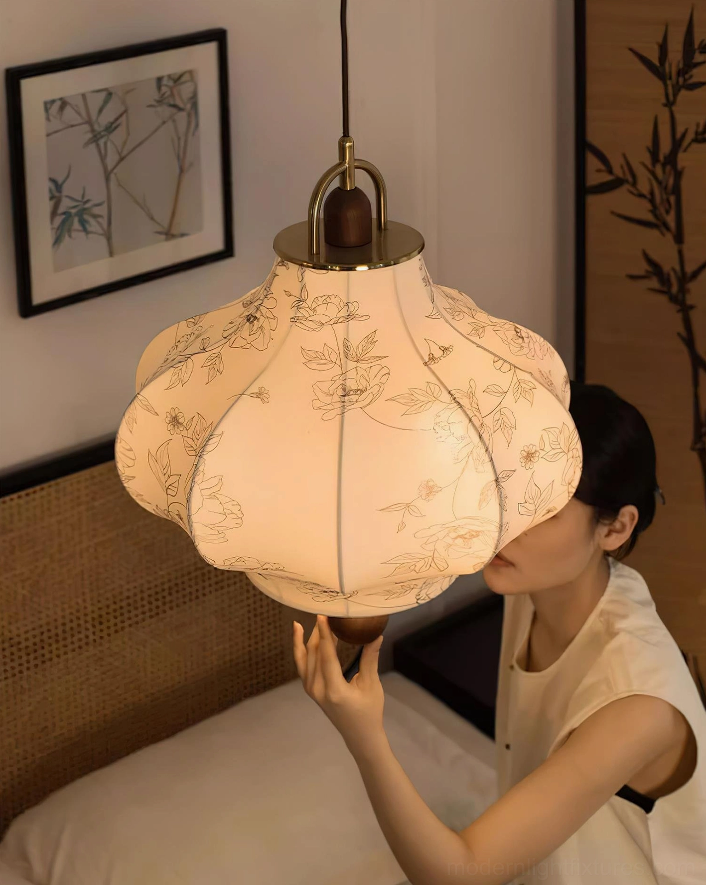 Soli pendant light fixture showing complete assembly walnut wooden bead
