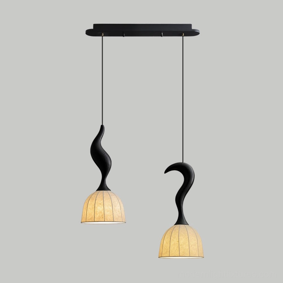 Solia 2-head pendant light natural wood finish, warm tone dual lamp setup