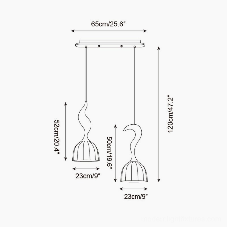 Solia 2-head pendant light installation diagram, ceiling mount top-down view 65cm x 120cm