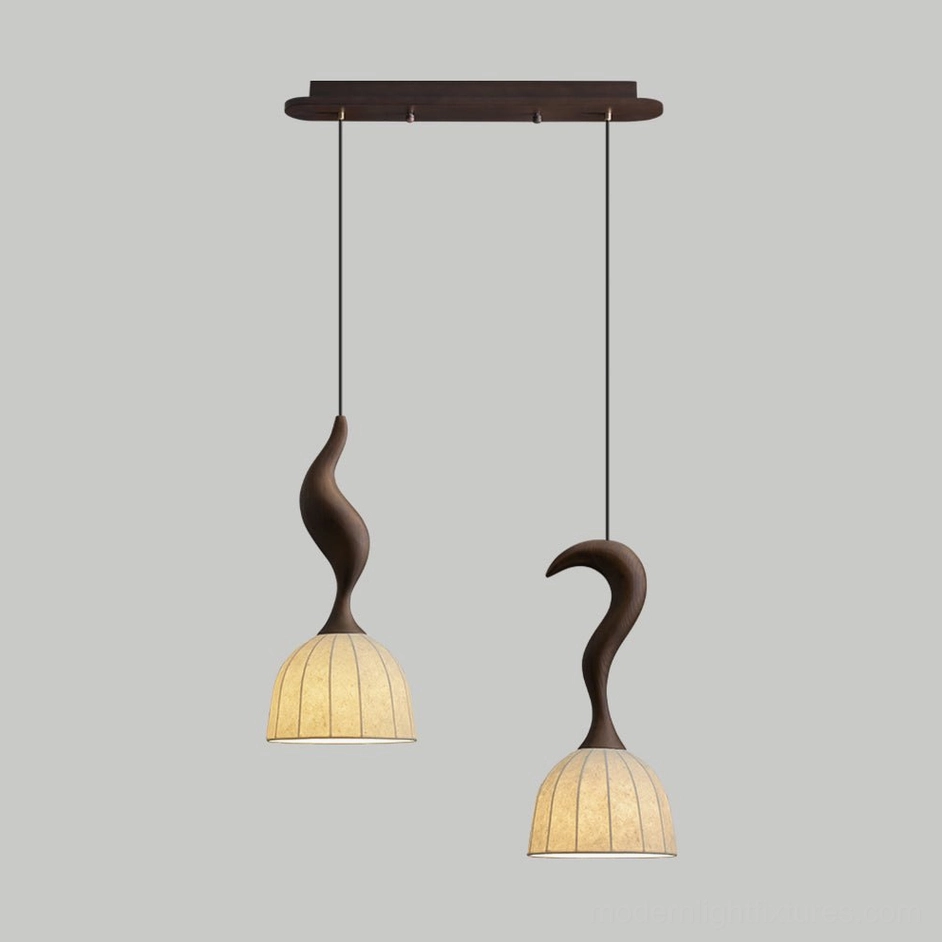 Solia 2-head pendant light walnut color, rich wood tone multi-lamp fixture