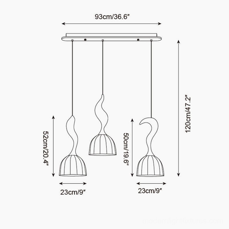 Solia 3-head linear pendant light fixture, commercial ceiling installation layout 93cm x 120cm