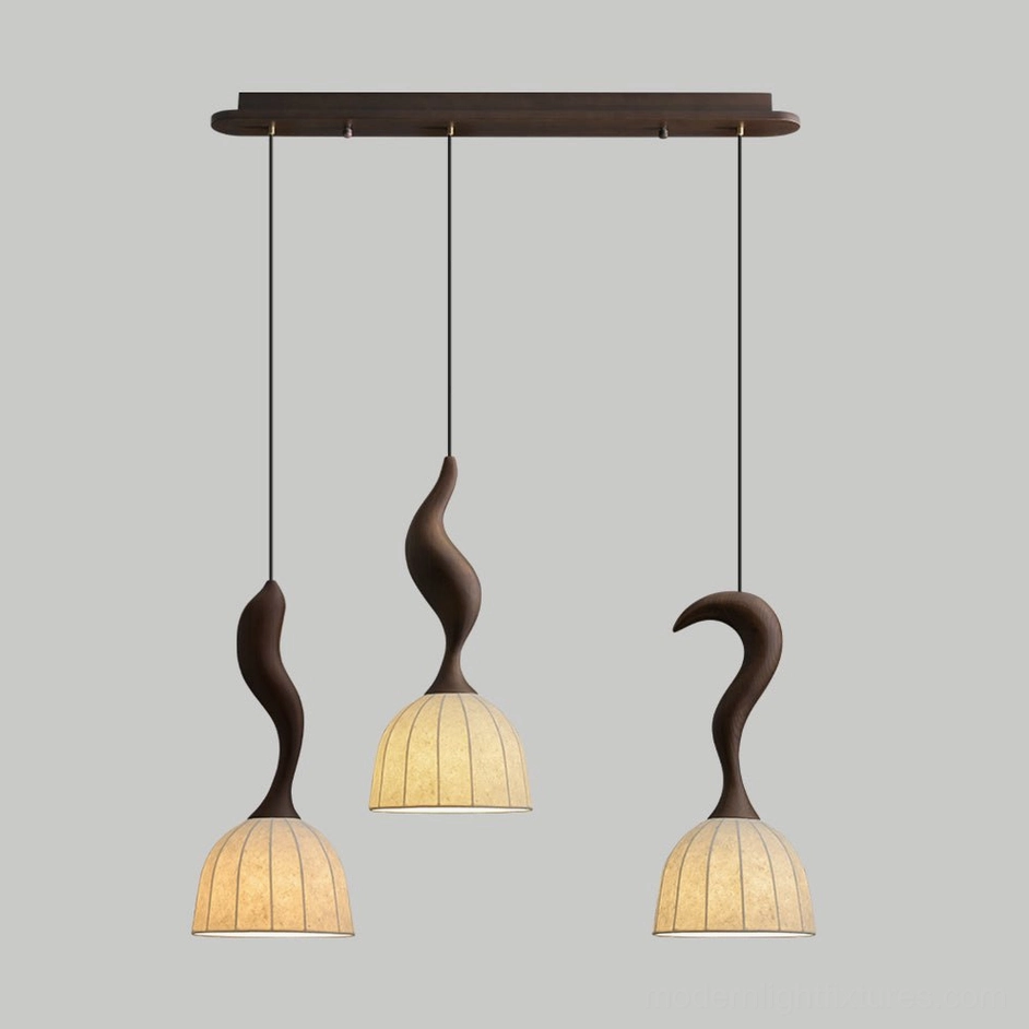 Solia 3-head pendant light natural wood finish, warm ambient multi-lamp fixture