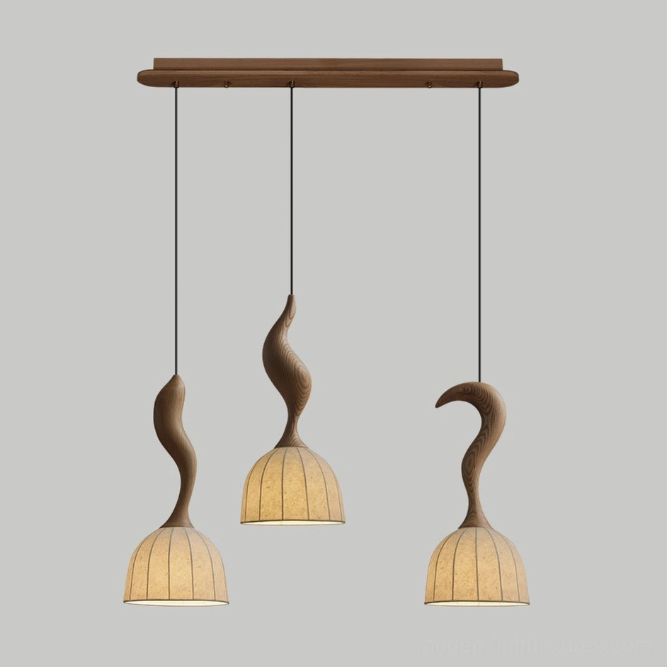 Solia 3-head pendant light walnut color, expansive dining space lighting solution