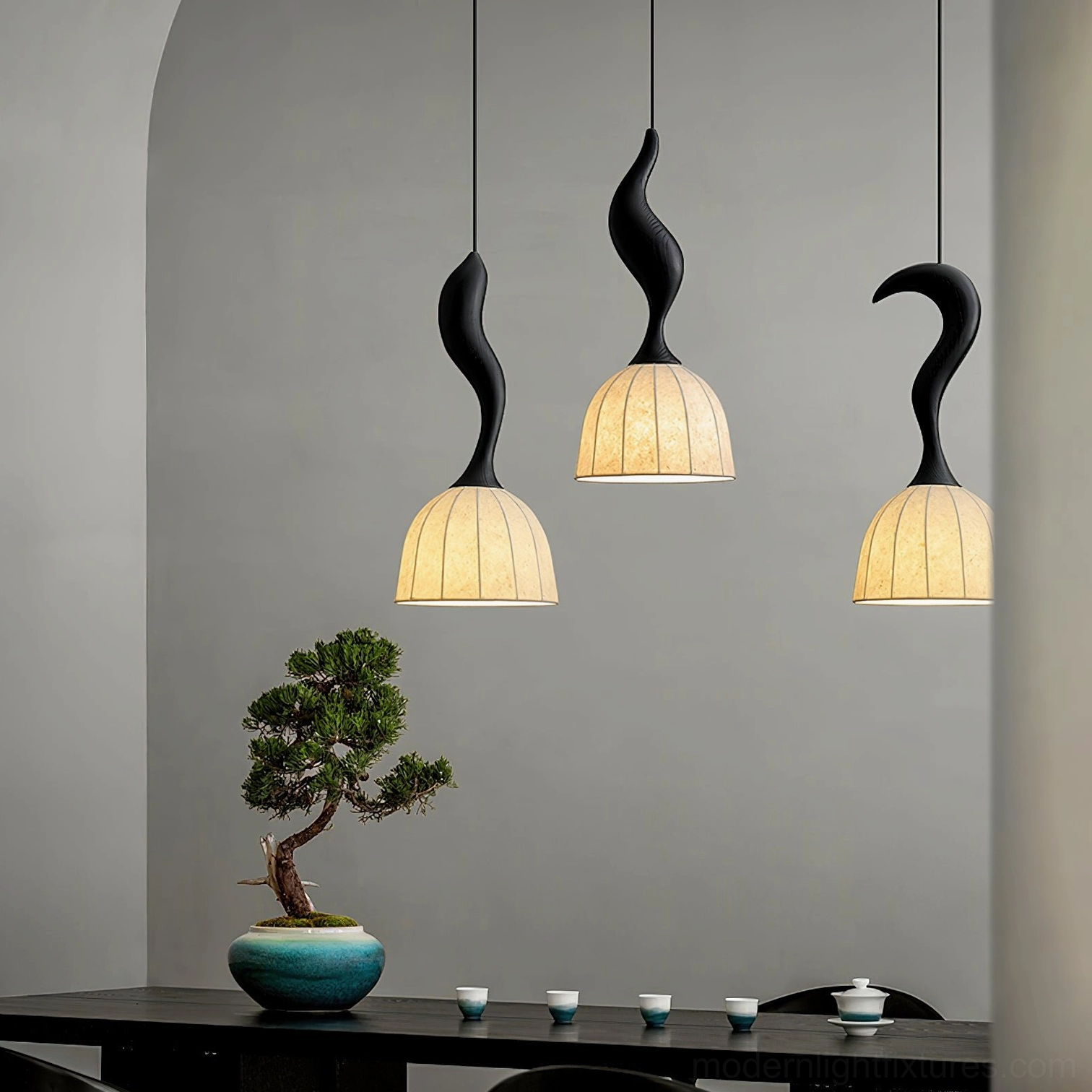 Solia modern pendant light curved wood stem detail, sculptural form photography